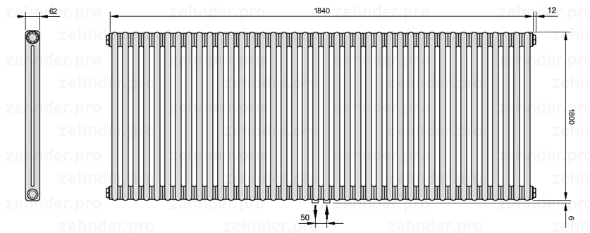 Схема (чертеж) Радиатор Zehnder Charleston 2180/40 №5410 Белый глянцевый RAL 9016